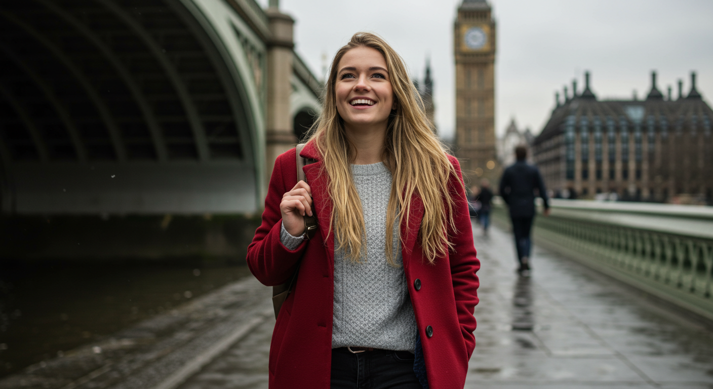 Woman on Westminster Bridge with Big Ben in background